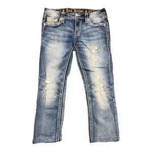 WOMENS ROCK REVIVAL JEANS SZ 29 BLUE STRETCH STRAIGHT 29x25 CAPRI DISTRESSED